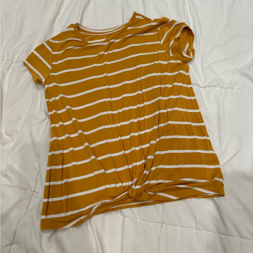 Girls Large (12-24) mustard and white striped shirt with tie at bottom